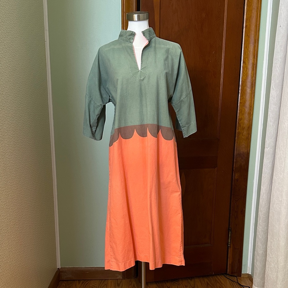 VINTAGE Marimekko Fabric Custom-Made Stylish Green and Orange Dress, Size M